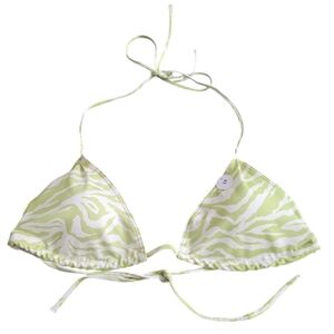 Green and White Monki Women's Tie Neck Zebra Print Triangle Bikini Top